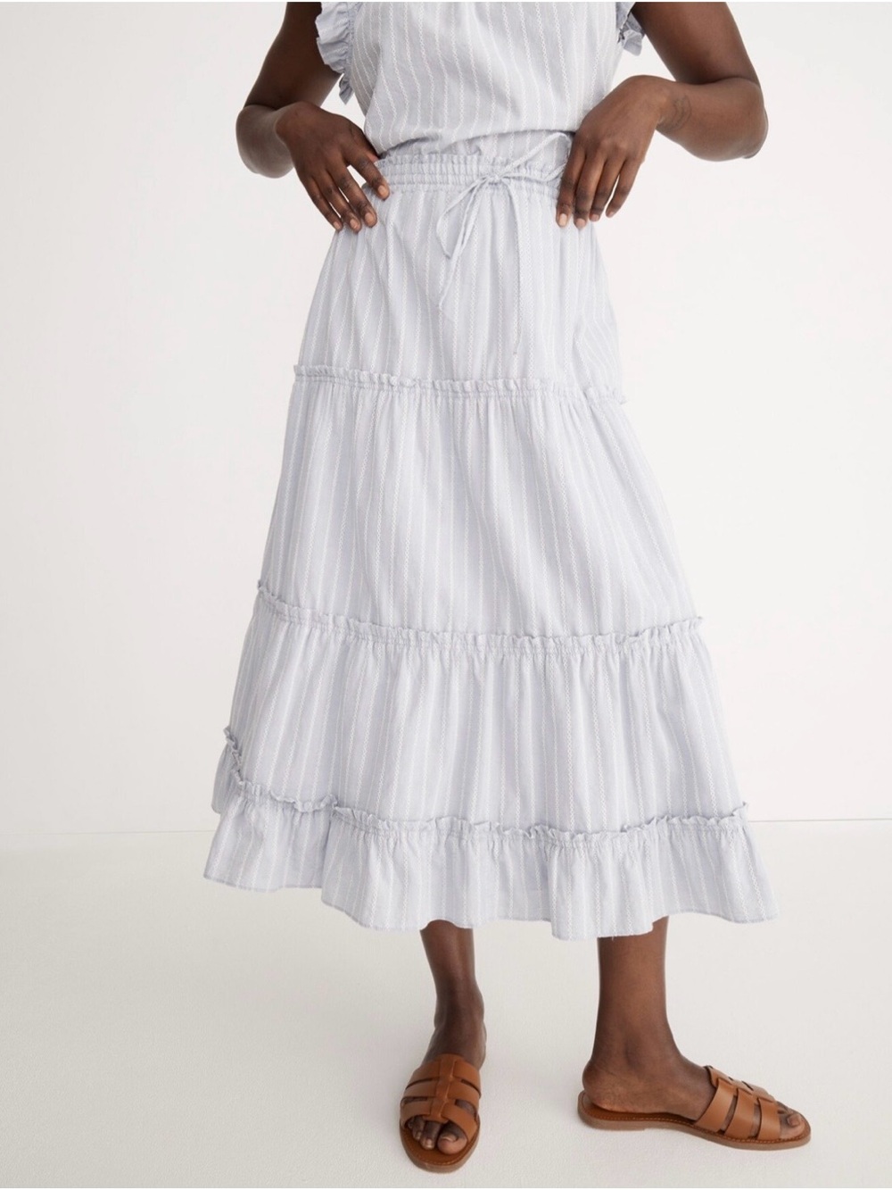 Madewell Light Blue & White Striped Tiered Maxi Skirt
